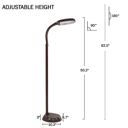 Bedford Home Floor Lamp - Full Spectrum Natural Sunlight Lamp with Bendable Neck - Reading, Craft, and Esthetician Light (Brown Woodgrain)