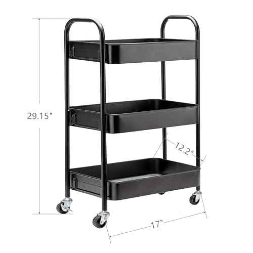 SETTFRFE 3 Tier Metal Utility Cart with Wheels,Rolling Storage Cart for Office,Bathroom,Dorm,Kitchen,Black