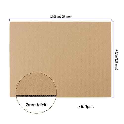 100 Pack 9 x 12 Inch Corrugated Cardboard, 2mm Thick Cardboard Sheets Bulk, Flat Packaging Inserts for Shipping, Mailing and Crafts