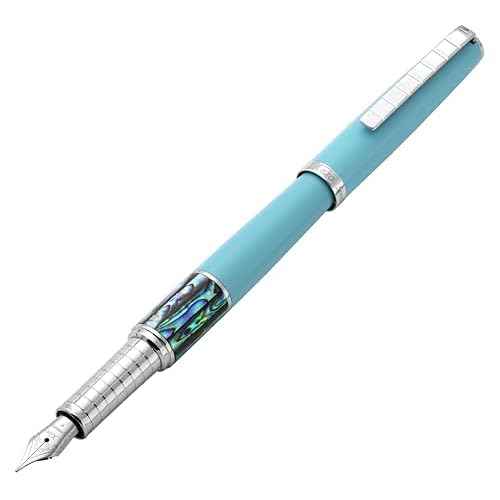 Xezo Speed Master Fountain Pen, Fine Nib. Matte Sky Blue with P?ua Abalone Sea Shell. Chrome Plated. Lightweight Brass Body. No Two Alike. Etched With a Serial Number