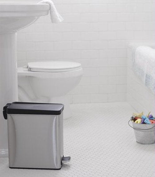 simplehuman 10 Liter / 2.6 Gallon Bathroom Slim Profile Trash Can, Brushed Stainless Steel with Plastic Lid