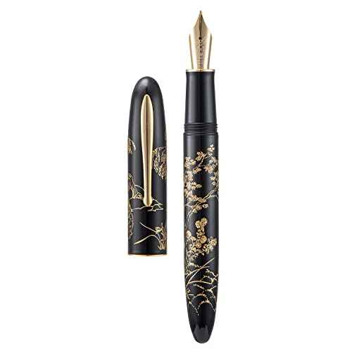 HONG DIAN Hongdian N23 Black Rabbit Fountain Pen, Long Blade Medium Nib Gold Trim, New Year Lucky Rabbit Carving Design, Smooth Writing Pen with Converter and Metal Pen Box Set