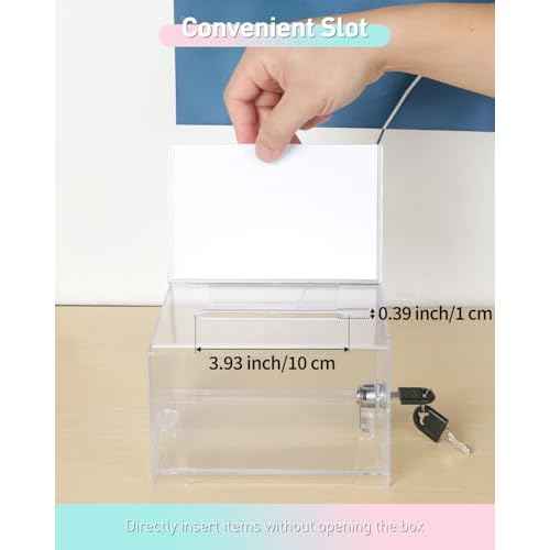 Uniclife 4 Pack Acrylic Donation Box with Lock and Sign Holder 6.2" x 4.7" x 4" Ballot Boxes with Slot Clear Plastic Suggestion Box Storage Container for Fundraising Voting Charity Tip Collection