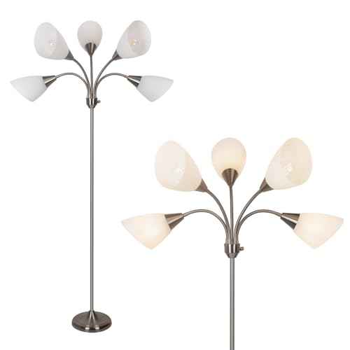 HonoDing Medusa Floor Lamps Standing Lamps 5 Heads Adjustable Reading Light Large Shade Use E26 A19 Bulb Floor Lamps for Living Room Bedroom (Satin Nickel)