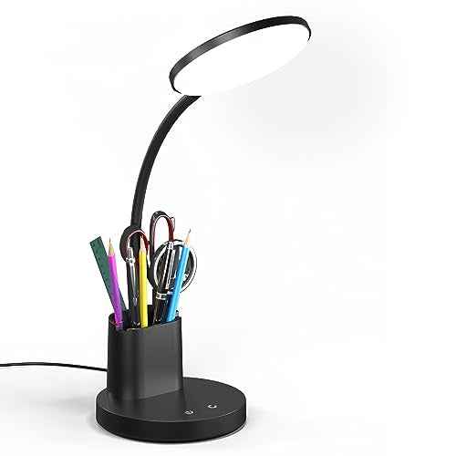 Desk Lamp, LED Desk Lamp for Home Office, Touch Table Lamp with 3 Color Modes 360¡Æ Adjustable Arm, Dimmable Desk Light with Pen Phone Holder, Black