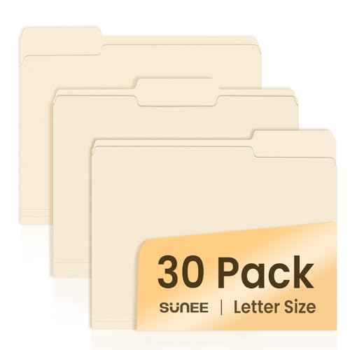 SUNEE File Folders, 30 Pack Manilla Folders 8.5 x 11, 1/3 Cut Tab for Easy Labeling and Organization, Durable Standard Paper for Home, Office, School Filing