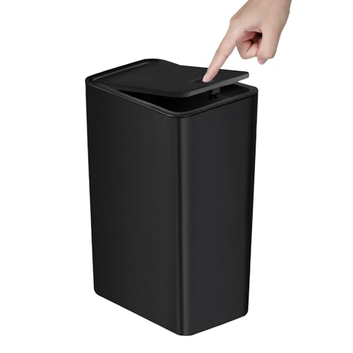 TIPGO 1 Pack Black Small Trash Can with Lid - 10L Slim Waste Basket for Kitchen, Bedroom, Office