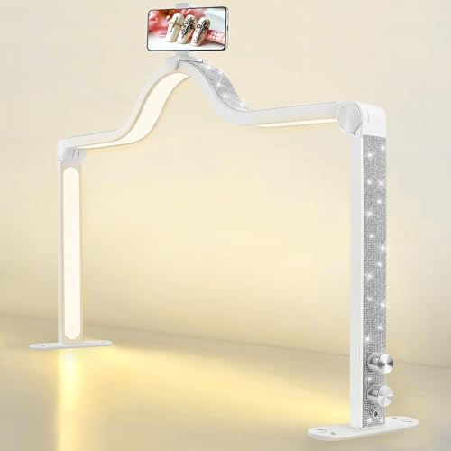 Kalolary Half Moon Light for Nail Desk, Foldable Arch Light Nail Techs Lamp with Phone Holder, 3000-6000K Brightness Adjustable LED Lash Lamp for Beauty Eyelashes Tattoos(Crystal Diamond) White