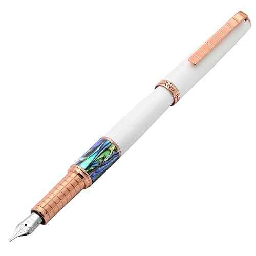 Xezo Speed Master Fountain Pen, Medium Nib. Matte White Color with P?ua Abalone Sea Shell. Rose Gold Plated. Lightweight Brass Body. No Two Alike. Etched With a Serial Number