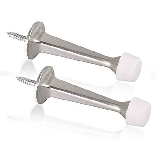 2 Pack Solid Rigid Door Stops - Heavy Duty Door Stoppers Wall Protector with Soft Rubber Tips, Satin Nickel