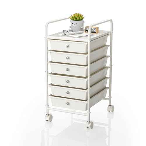 6-Tier Utility Cart with 6 Drawers, Rolling Utility Cart with 2 Lockable Caster Wheels, Multipurpose Mobile Rolling Drawer Cart for Office Bathroom Kitchen, Ivory White