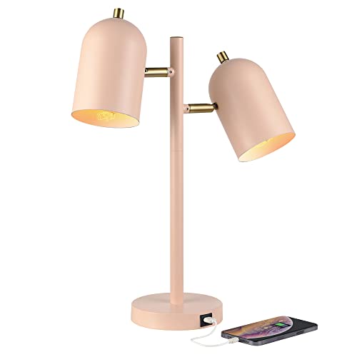 GLOBE Electric 30290 19" 2-Light Desk Lamp, Matte Pink, Brass Accents, 2.1A USB Port, On/Off Rotary Switch on Each Shade, Reading Light, Dorm Room Essentials, Lamps for Living-Room, Office D?cor