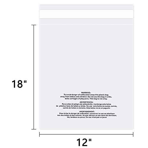 12" x 18" (100 Count) - Clear Poly Bags with Suffocation Warning Self Seal for Packaging, Shirts, Clothing & FBA - Permanent Adhesive
