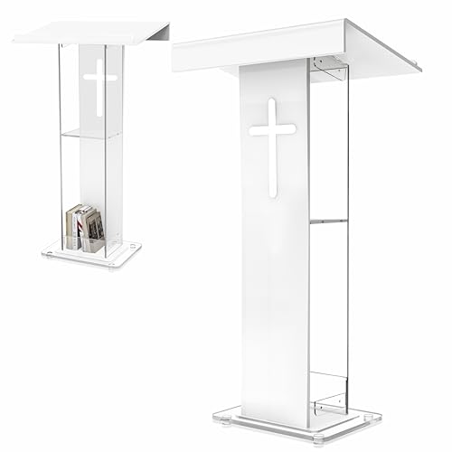 45.3in Acrylic Podium Lectern with Cross Design, Double Shelves - Easilywinlife