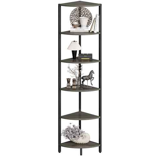 6 Tier Corner Shelf 63.1" Tall Corner Shelves Stand Ladder Shelf Grey Woodgrain Industrial Standing Bookshelf Organizer Display Rack Bookcase Plant Stand for Living Room Bedroom CS-001GW