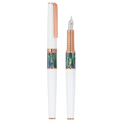 Xezo Speed Master Fountain Pen, Medium Nib. Matte White Color with P?ua Abalone Sea Shell. Rose Gold Plated. Lightweight Brass Body. No Two Alike. Etched With a Serial Number