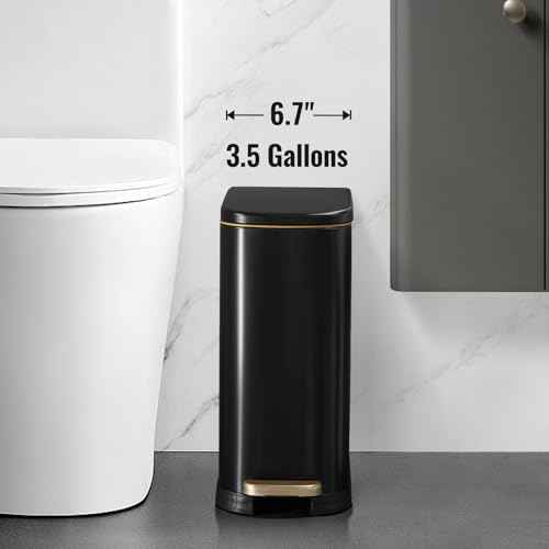 Bathroom Trash Can with Soft-Close Lid 3.5 Gallon Stainless Steel Garbage Can with Removable Inner Bucket Slim Trash Bins for Bedroom, Office (Matte Black)