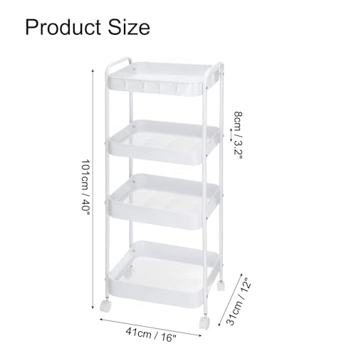 uxcell Slim Storage Cart, 4-Tier Narrow Utility Rolling Cart with Wheels Bathroom Cart Organizer Cabinet for Office Kitchen Bathroom Bedroom Storage, White