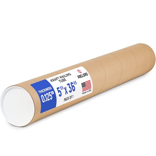 Paclord 5 x 36 Inch Reinforced Kraft Paper Mailing Tube - Pack of 1 with 2 Caps, Made in USA