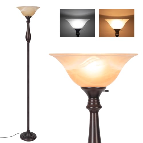 HonoDing Torchiere Floor Lamp for Living Room, Standing Lamp with Glass Shade, Iron Brushed Nickel Floor Lamps, Corner Lamps for Bedroom, Office, Reading (Dark Brown)