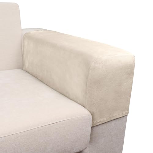 Taque Cream Velvet Stretch Armrest Covers 2Pcs - Sofa Armrest Slipcovers, Anti-Slip
