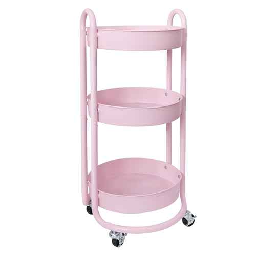 HOMESTEAD Round Rolling Side Table Cart, 3 Tier Metal Utility, 60 lb Heavy Duty, 15¡È Diameter, Lockable 360¡Æ Casters (Pink)