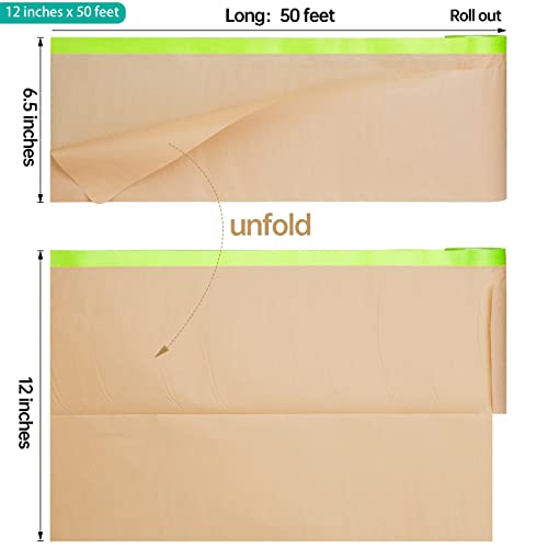 Pre-Taped Masking Paper for Painting - 12 inch x 50 feet Tape and Drape Painters Paper, Paint Adhesive Protective Paper Roll for Covering Skirting, Frames, Cars and Auto Body (8 Rolls)