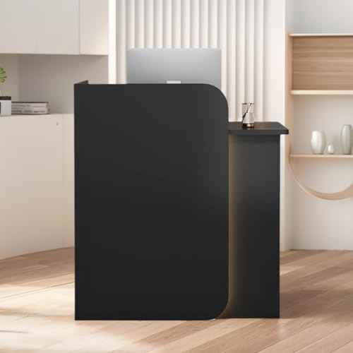 Modern Reception Desk with Curved Privacy Panel & LED Light Strip, Lockable Drawers, 6 Color Options Front Counter Desk, Retail Checkout Counter for Salon, Office, Boutique(Black)