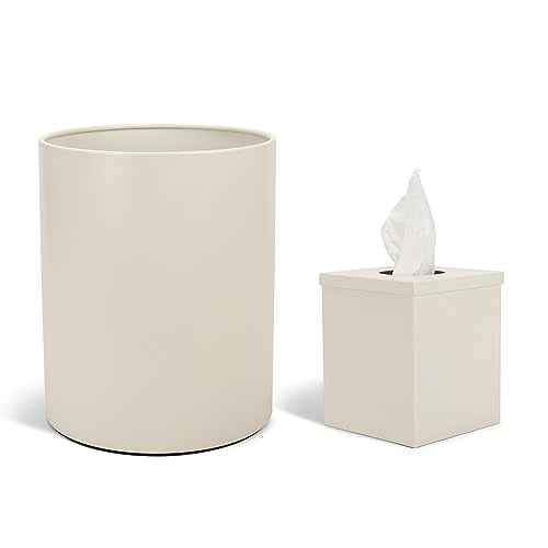 Round Bathroom Trash Can Wastebasket and Cube Tissue Box Holder Organizer Matching Accessory Set of 2, White