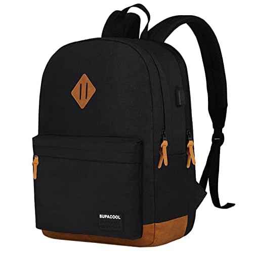 SUPACOOL Lightweight Laptop Backpack with USB Charging Port for Men and Women, Double Layers Backpack for College, Work, Travel, Casual(Black and brown)