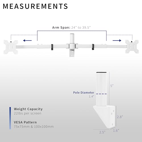 VIVO Premium Dual Ultra Wide LCD LED 27 to 38 inch Monitor Wall Mount, Heavy Duty, Telescoping Arms, Flush Wall Setup, Fits 2 Screens, White, MOUNT-TS38W