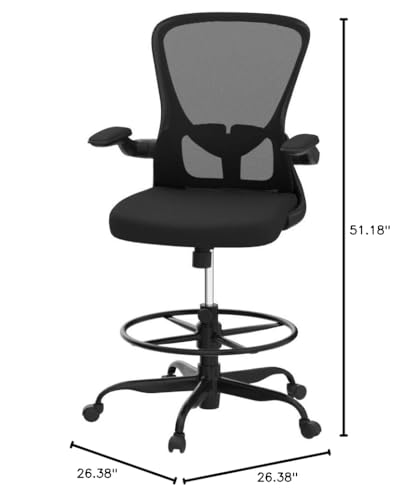 Silybon Tall Drafting Chair with Flip-Up Armrests, Lumbar Support & Adjustable Footrest (Black)