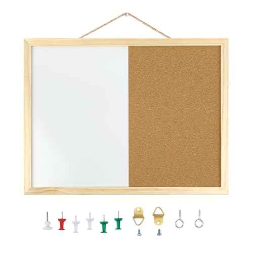 GDMINLO 16.5 x12.6 Inches Dry Erase Cork Bulletin Combination Board, Notice Memo Wall Mounted Vision for Home, School and Office(Pins, Eye Bolts, gaskets, Screws)