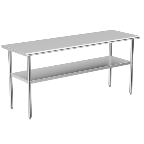 Stainless Steel Table for Prep & Work, NSF Metal Commercial Heavy Duty Table with Adjustable Under Shelf and Foot for Restaurant, Home and Hotel (24x72in)