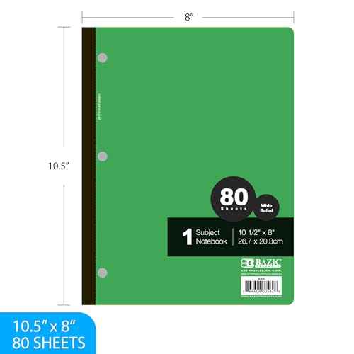 BAZIC Products Notebook Wide Ruled 1 Subject 80 Sheets Wireless Notebooks, 3 Punched Holes Lined Composition Book, Assorted Color, 24-Pack