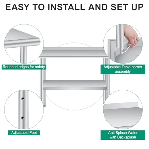 IDEALHOUSE 60x24 Inch Stainless Steel Prep Table with Adjustable Undershelf – Rooted Heavy-Duty, Silver