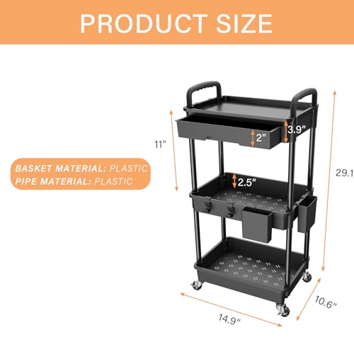 Black 3-Tier Rolling Utility Cart with Drawer - Multi-Purpose Storage Organizer