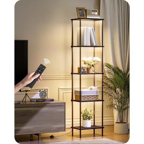 Display Shelf with Light, 5-Tier Shelf Lamp, Corner Floor Lamp with Shelves, Dimmable LED Floor Lamp for Living Room with Remote and Foot Control, 3CCT, Timer, Standing Lamp, Corner Bookshelf B52LD05