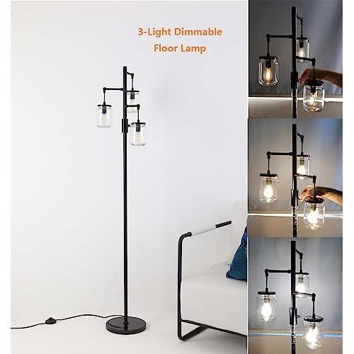 Dimmable Floor Lamp,Industrial Floor Lamp,Black Tree Lamp Standing Lamp Tall Lamps with 3 Elegant Glass Lampshades & 800 Lumens LED Bulbs for Living Room Bedroom Office (Black-A-Style)