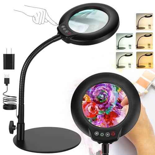 Drdefi 10X Magnifying Glass with Light and Stand, 5 Color Modes Stepless Dimmable Flexible Gooseneck Magnifying Desk Lamp, LED Lighted Magnifier Hands Free for Close Work Craft Reading Painting Hobby