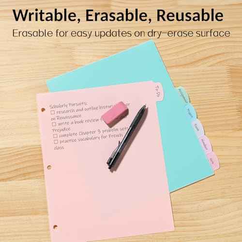 Sooez 8 Tabs Long-Lasting Plastic Write & Erase Large Tabs Dividers for 3 Ring Binder, Aesthetic Cute Pastels Binder Dividers for Student, Teacher, Office, Home Organizers, 1 Set, Pastels Color