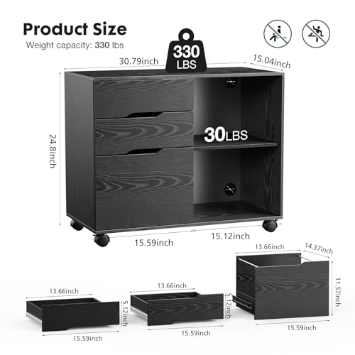 DUMOS 3-Drawer Rolling File Cabinet with Adjustable Shelf & Printer Stand