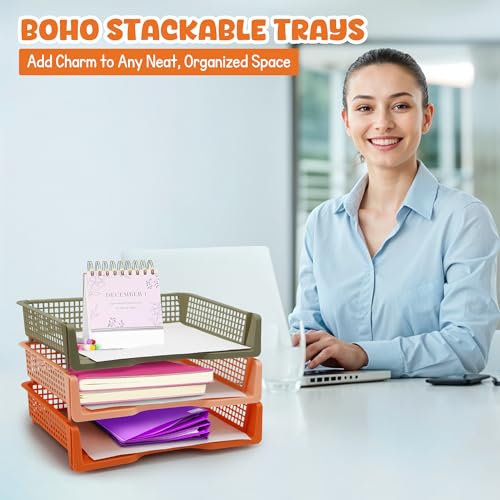 4E's Novelty Boho Color 6 Pack Stackable Paper Trays for Classroom Organizer