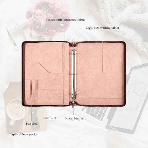 Patterned Leather Portfolio,10.5¡¿14 inch padfolio with 3 Ring Binder£¬Bussiness Portfolio with A4 Letter Size Clipboard £¬Leather padfolio for Men and Women£¨Pink£©