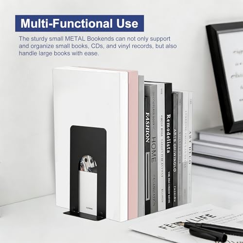 Metal Bookends for Shelves - 4 Pack Compact Organizer for Books, CDs & Vinyl Records