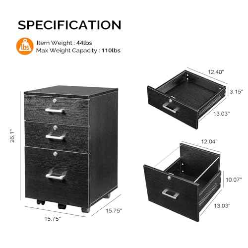 VINGLI 3-Drawer File Cabinet with Lock, Wood Rolling Filing Cabinets for Home Office, Mobile Printer Stand, Under Desk File Organizer for Letter Sized Files, 26" H(Caster Included), Black