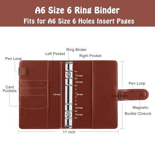 Antner A6 Binder 6 Ring Refillable Notebook Budget Planner for A6 Filler Paper, PU Leather Loose Leaf Personal Planner Wallet Money Organizer Cash Stuffing Binder with Magnetic Buckle Closure, Brown