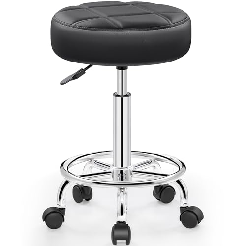 Brick Attic Black Rolling Stool with Wheels - PU Leather, Height Adjustable 19.9-25.8 in, 360° Swivel | Spa/Salon Office Chair