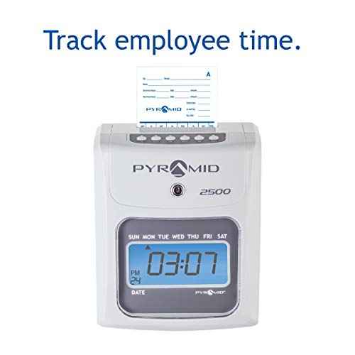 Pyramid Time Systems - Model 2500 Auto Aligning and Top Loading Time Clock [2500K1] Bundle Includes: Time Clock, 100 Time Cards, 2 Ink Ribbon cartridges, one 10 slot time card rack and 2 Security Keys