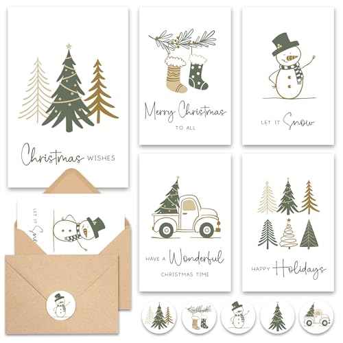 20 Minimal Christmas Cards Boxed with Envelopes & Stickers, Cozy Xmas Cards with 5 Elegant Designs, Incl. Pre-Written Message & Space to Personalize Warm Wishes for Friends, Family & Coworkers